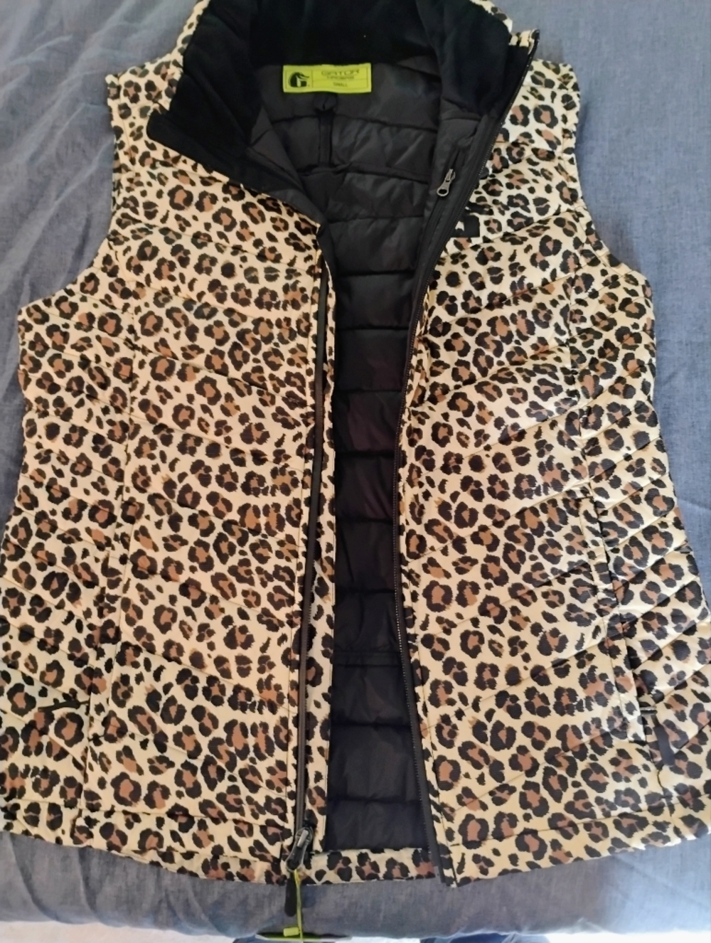 Leopard Print Quilted Puffer Vest - Black & Beige